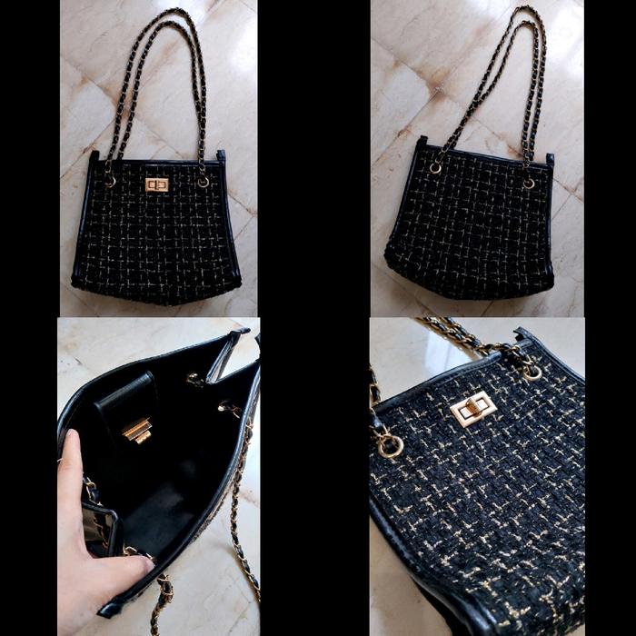 Tas selempang rantai hitam cream