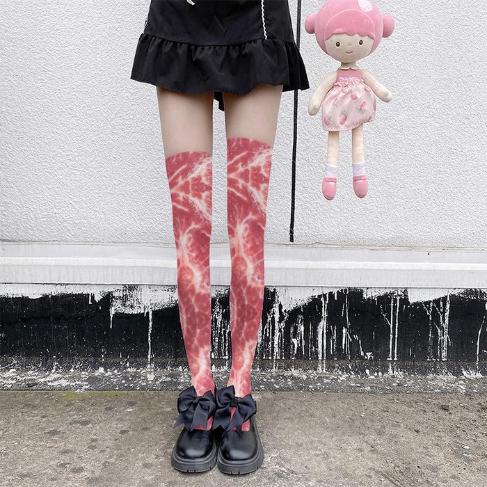 Newly designed ladies thigh stockings funny pork belly pattern novelty stockings fashion y over-the-