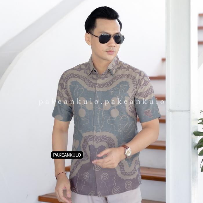 Pakeankulo Batik Pria Premium Slimfit Motif Dewananda Ungu Muda Ice Blue Soft Lengan Pendek