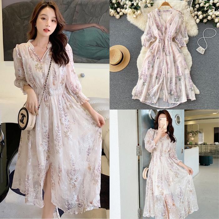 Promo D1162 BETLE KOREAN STYLE FLORAL VINTAGE MIDI DRESS KANCING Jalan Manis COD