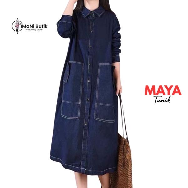 Imani Butik Tunik Maya Fashion Muslim Wanita Model Polos Jeans Kancing Katun Atasan Midi Panjang Bah