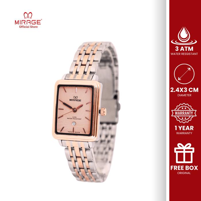Mirage Watch - Jam Tangan Wanita Silver Rose Gold Original Analog Tanggal Aktif Square Segi Elegant 