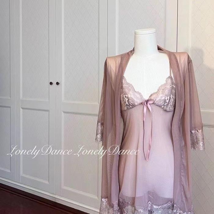 Lingeri Set Kimono Renda dan String One Set Model Korea Dress Tidur Wanita Warna Pink Ukuran Jumbo