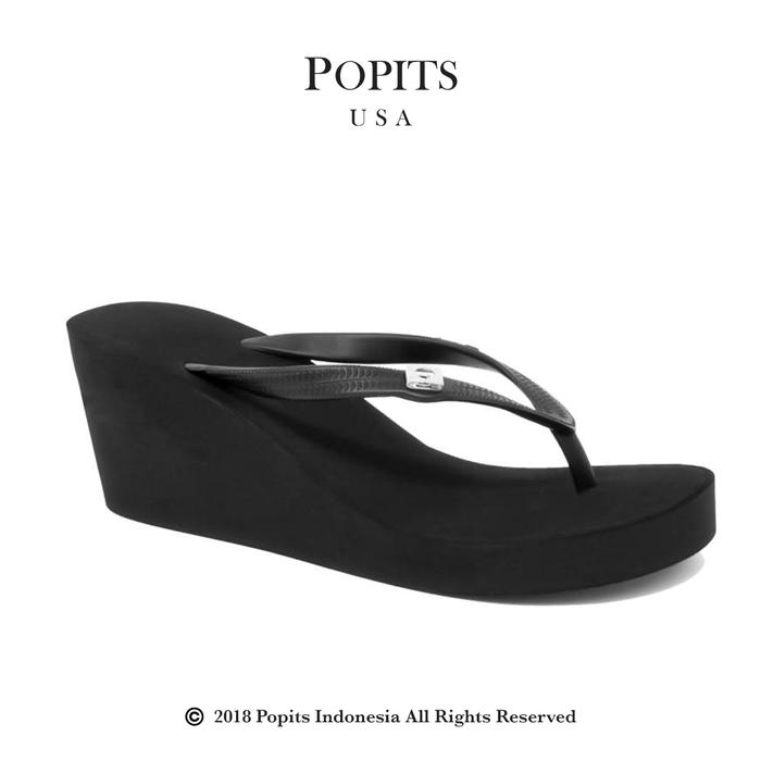 Popits USA - Classic Wedges Tall - Sandal Wanita Jepit Hitam dengan Tali Rubber & Alas Sponge Eva Ti