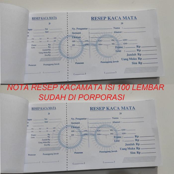 Nota RESEP Pembelian Kacamata Plus Minus Cylinder Frame isi 100 Lembar Kwitansi