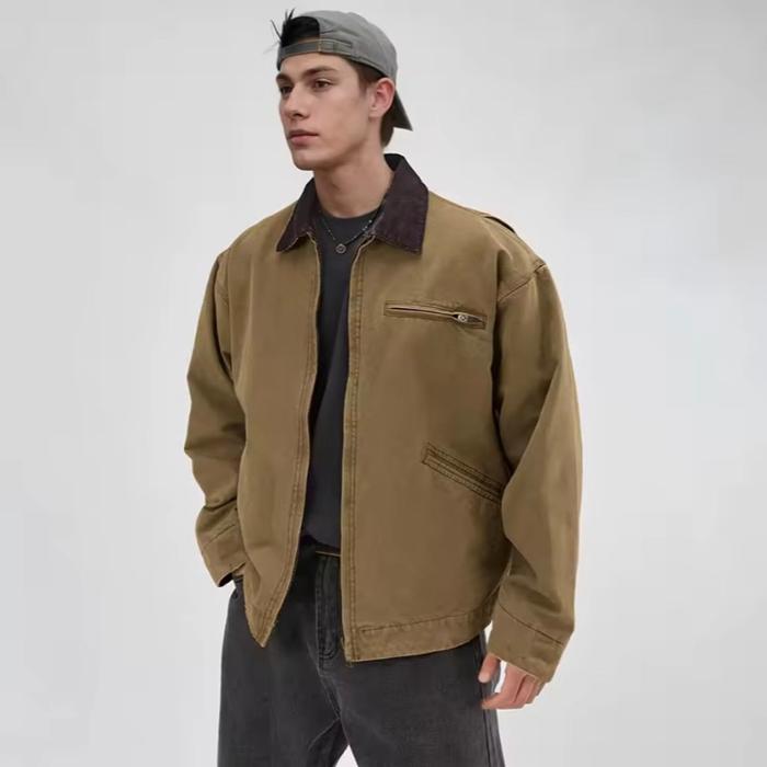 Work Jacket,Jaket Distro Pria Boxy,Casual Polo Beige Katun Kanvas