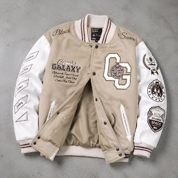 Varsity Jacket Cosmic Galaxy Cream White Blackseven | Original Jaket Full Bordir Pria wanita Fleece 