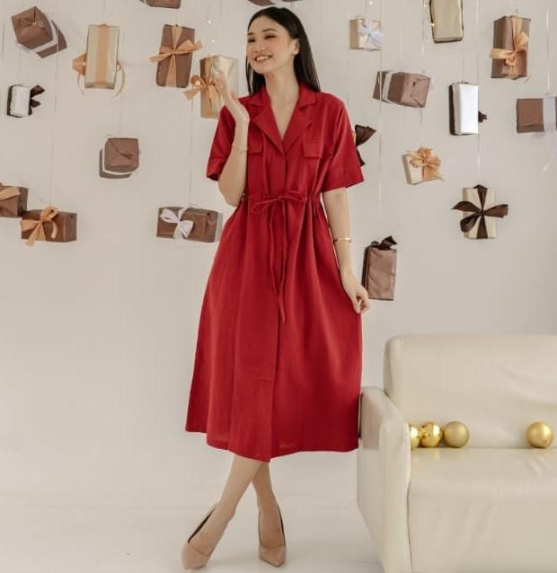 June Dress/Premium Dress Linen Wanita dengan Kancing dan Kantong