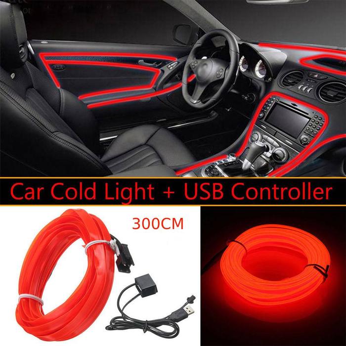 Car LED EL Wire Atmosphere Light Glow Neon String Strip USB Red Light