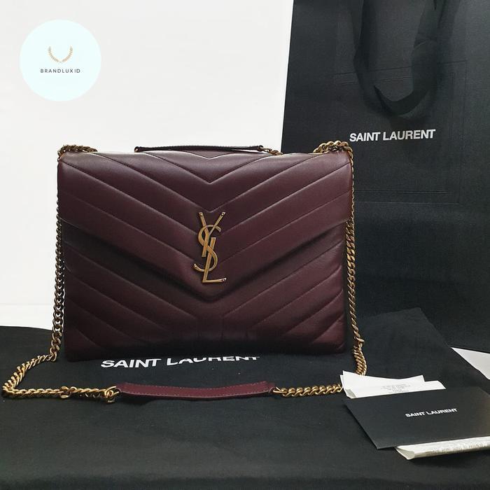 YSL SAINT LAURENT LOULOU MEDIUM BURGUNDY MAROON LEATHER GHW