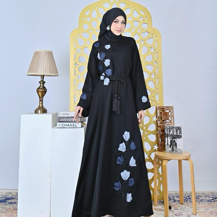 Abaya Hanum Daun Payet Resleting Belakang Bahan Fursan Muslim Wanita dengan Desain Elegan dan Nyaman