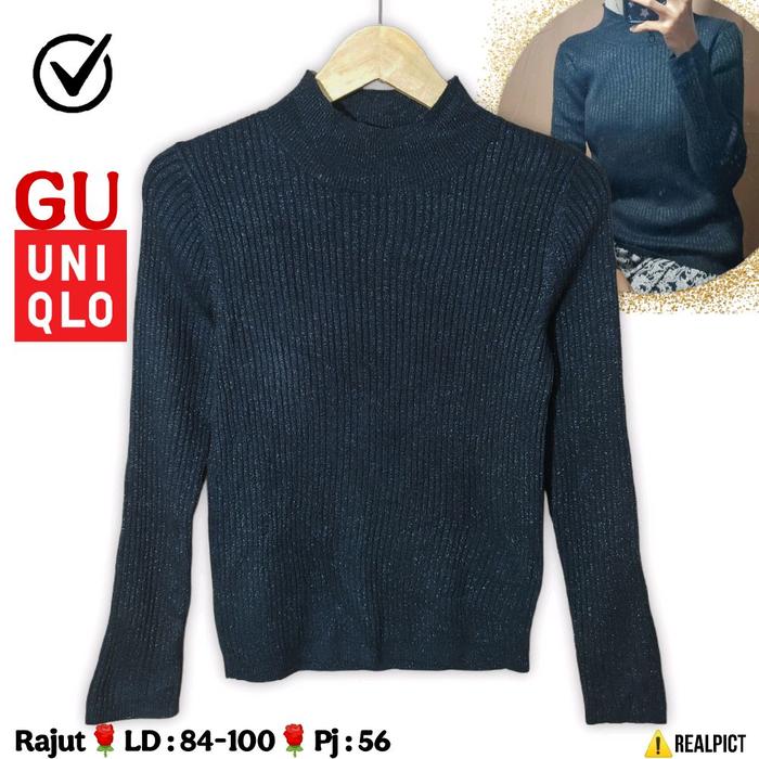 GU UNIQLO Rajut Lidi Glitter Size M Pressbody Press Body Turtleneck Polos Crop Lengan Panjang Rajut 