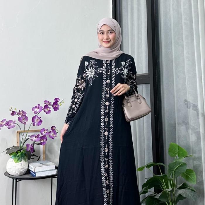 Naya Batik - Gamis Twill Terbaru Pekalongan Cap Malaman Bukan Sablon Motif Garis Hitam Manis Dress M