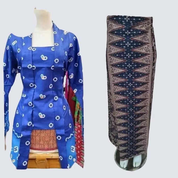 Setelan Kebaya Model Kutu Baru Modern Jumputan Bahan Kain Katun Batik Warna Biru Wanita - Dress Hita