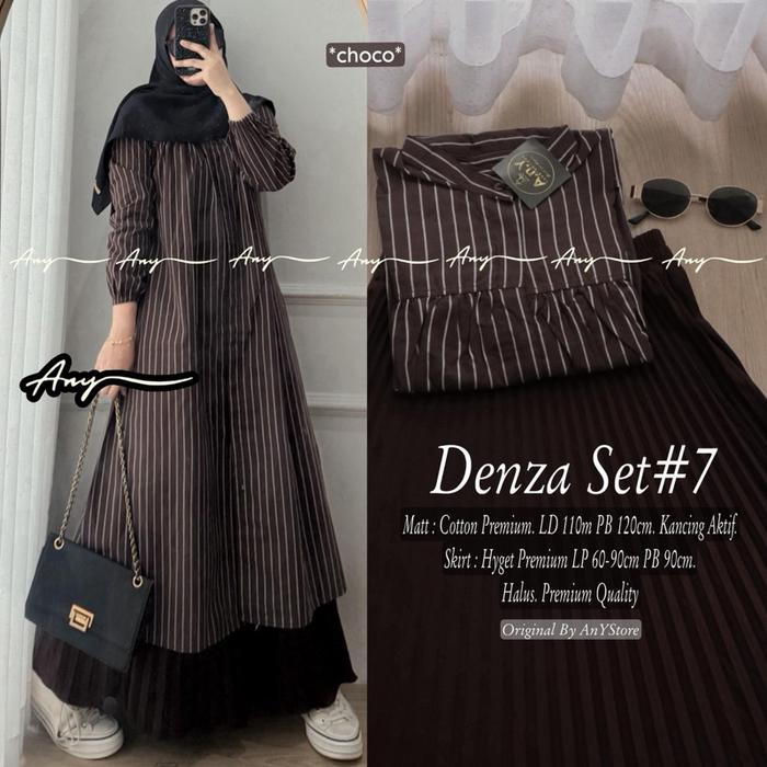 Denza Megan serea balqis set tunik katun stripe rok plisket