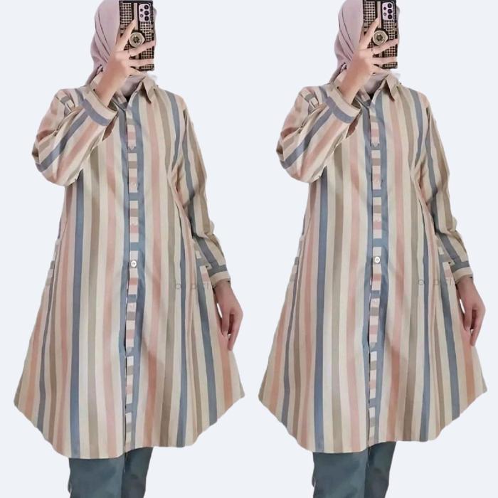 AD DHENNAR LONG TUNIK WANITA rieta atasan kemeja katun salur daily warna warni Muslim