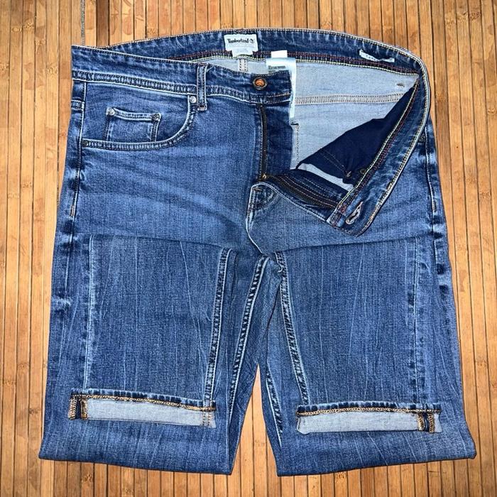 TIMBERLAND RIPPED FABRIC ARMY STYLE TAPERED FIT BLUE WASH STRETCH DENIM JEANS thom browne fred perry