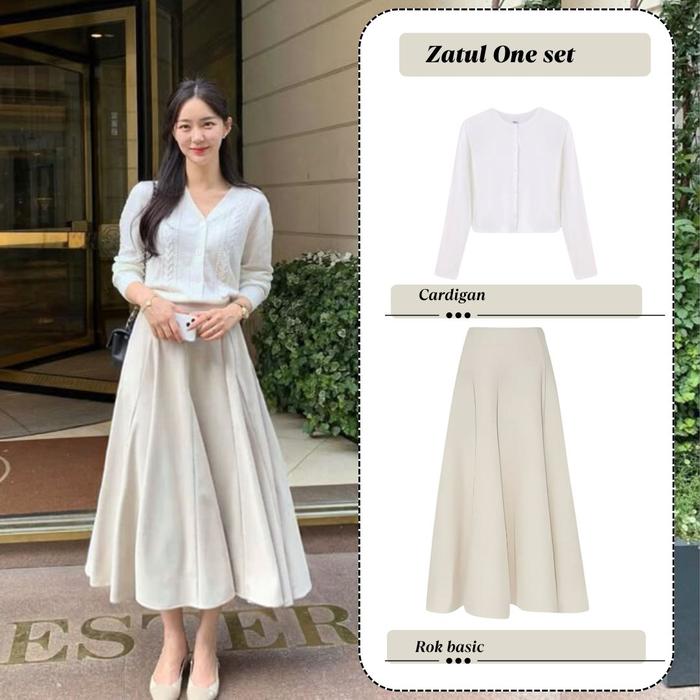 Zatul Oneset Wanita ( Cardigan Rajut Basic Putih Dan Rok Joda Panjang ) Setelan Remaja Korean Style 