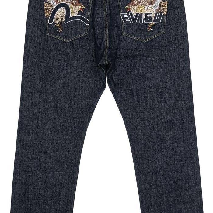 EVISU Celana Jeans Pria Original Model Classic Warna Biru Tua Desain Terbaru untuk Pria Modern