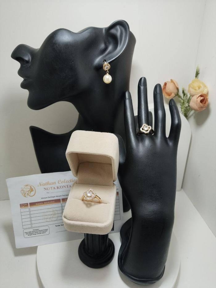 Nathan - Cincin Clover Permata Lapis emas 3gram Fashion Wanita Free Kotak