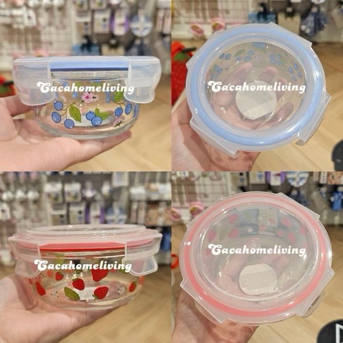 Flying Tiger - Kotak Makan Kaca Dengan Tutup / Bento Box Kaca / Lunch Box Buah Strawberry & Blueberr