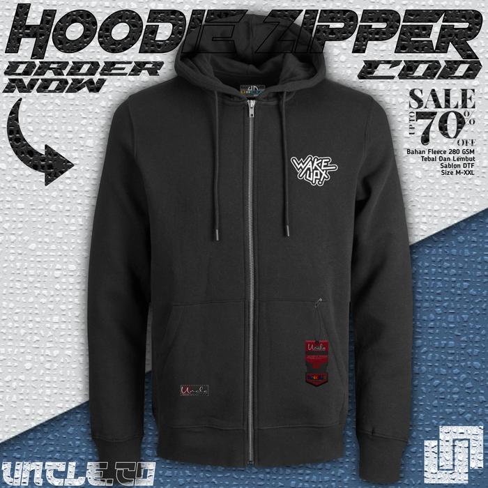 Uncle.co Jaket Sweater Hoodie Zipper Sablon Tebal Warna Hitam Fleece Unisex Pria Wanita Keren