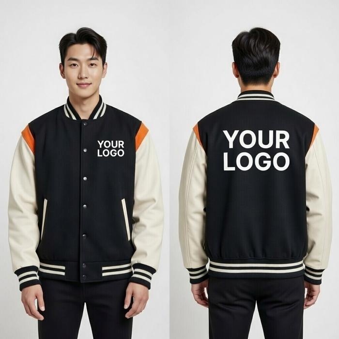 Bomber Varsity SABLON Custom Lengan Leather all size S-6XL. Jaket bomber varsity custom logo lengan