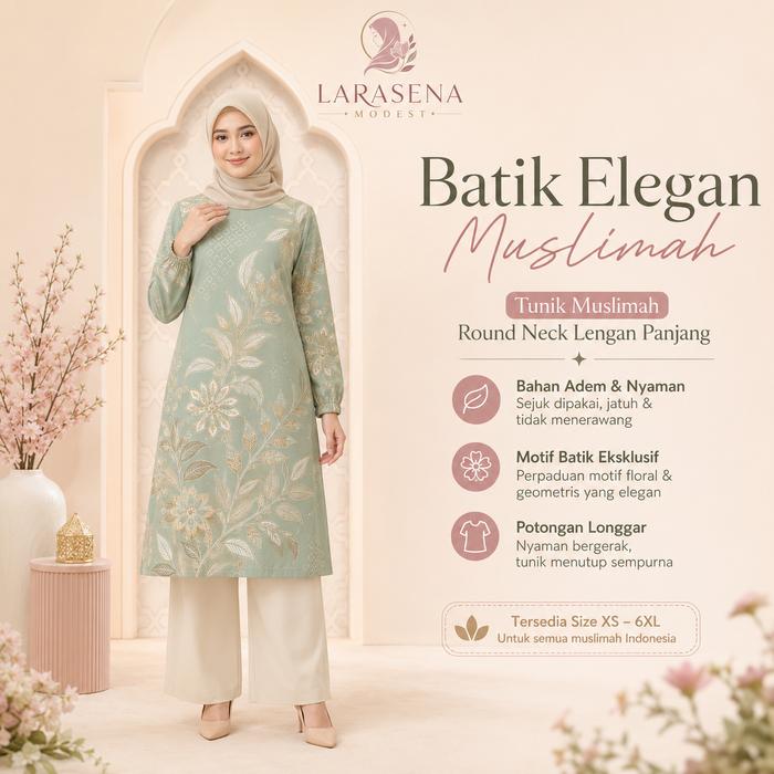 LARASENA Set Tunik Kulot Warna Sage Green Motif Bunga Ornamen Emas Elegan, One Set Baju Muslimah Mew