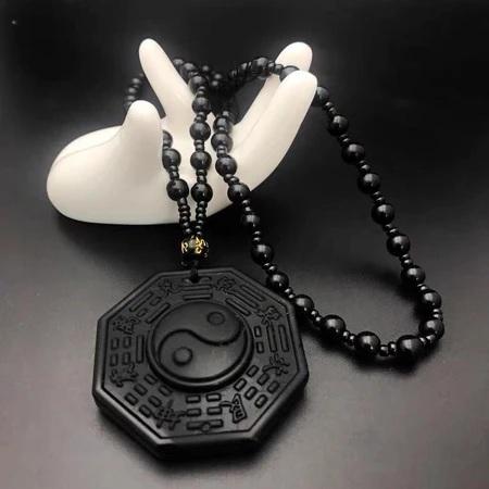 Kalung Yinyang Batu Obsidian Hitam Doff Aksesoris Gambar Yin Yang - Buddhist Necklace Jewelry Beads 