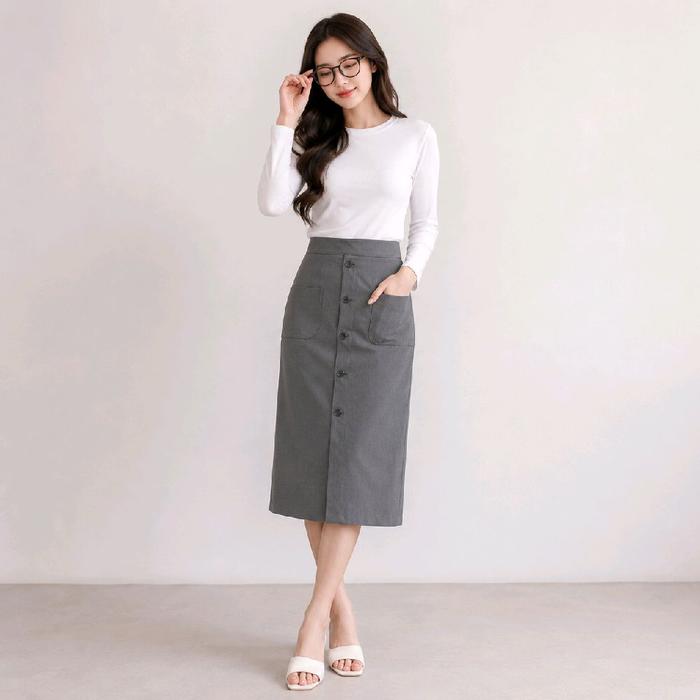 Rok Wanita Model Selin 7/8 Midi Bahan Otomen Warna Hitam Crem Kunyit Army Abu Muat BB 80 Kg