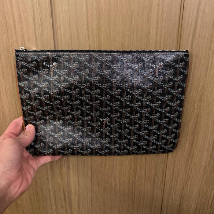 Goyard Senat MM Pouch Clutch Goyardine Black / Tan - Preloved Authentic