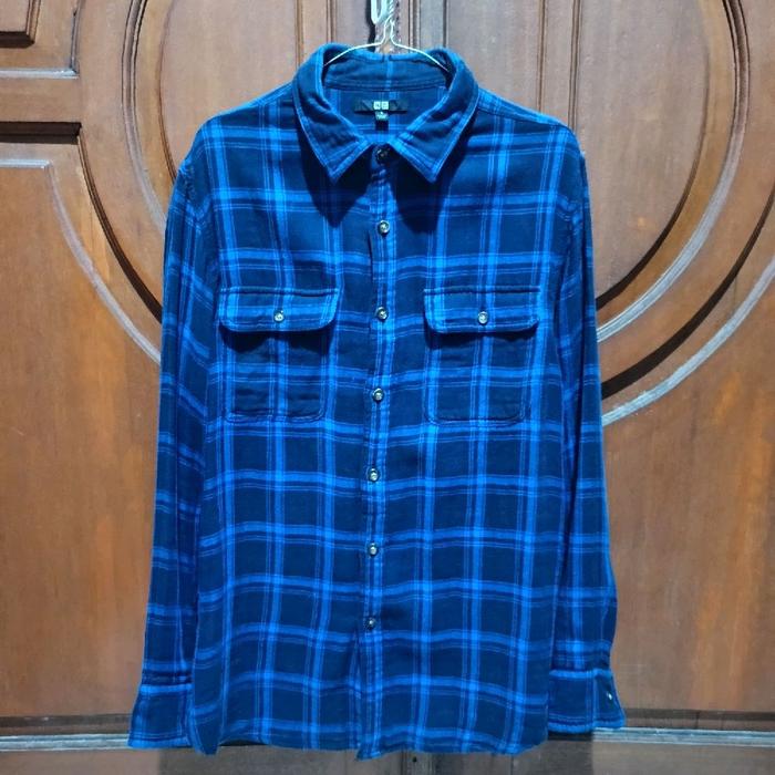 Kemeja lengan panjang | uniqlo | Flanel | Tag Hitam | Tartan Biru Navy | Kemeja Pria