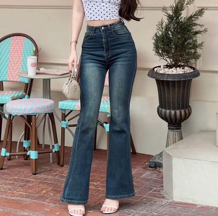 Celana Cutbray Jeans Wanita Import Strech High Panjang Keren Vintage Waist Melar Hitam - Size 27-42 