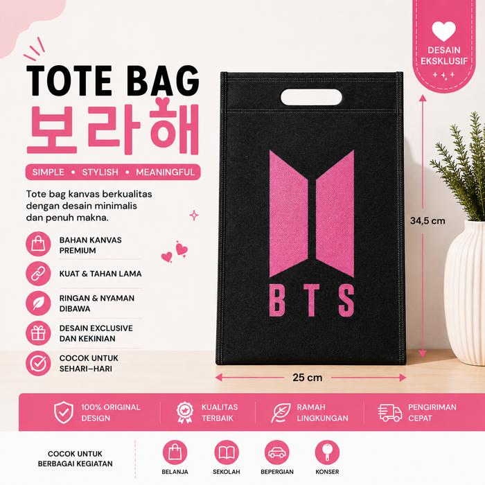 Tote Bag BTS Hitam Pink - Tas Canvas BTS Putih - Tote Bag Lipat Kuat Tebal - Reusable Eco Friendly -