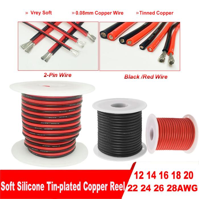 2-pin silicone insulated cable, black and red flexible tinned copper wire reel 28awg 26 24 22awg 20a