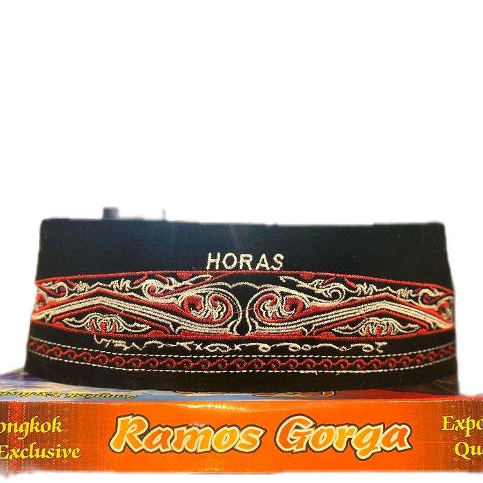 Peci songkok Batik Batak Gorga Full bordir Tulisan aksara dan Horas manik manik