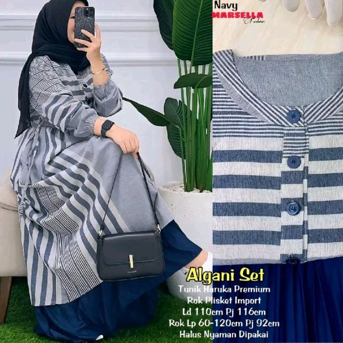 Algani set rok plisket mix tunik katun haruka Muslim Dewasa Setelan