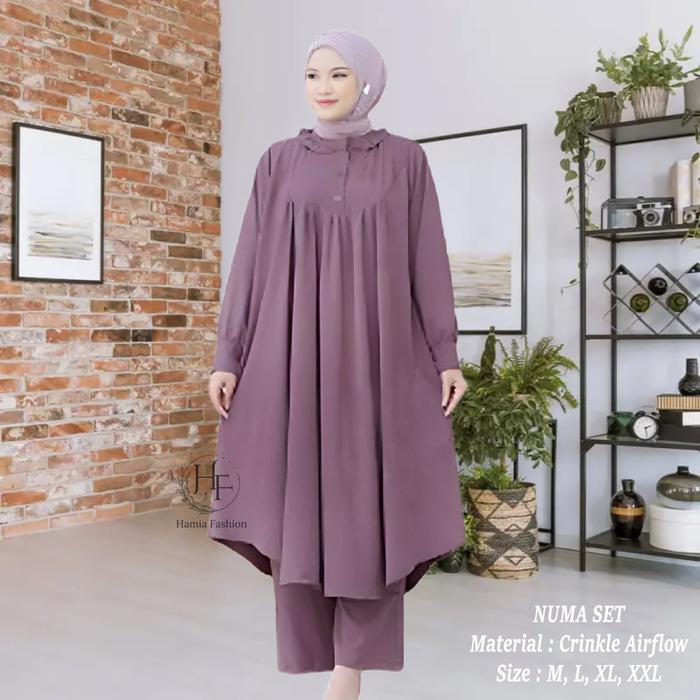 HAMIA|Numa|Setelan Wanita Muslim Tunik Polos Panjang dan Celana Kulot Oversize Bahan Crinkle Premium