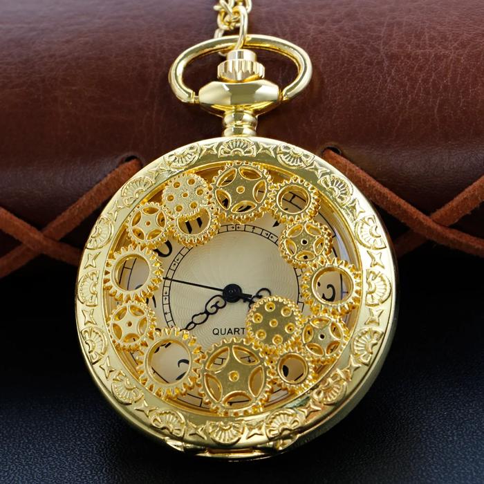 IMPORT Luxury Gold Time Gear Embossed Necklace Quartz Pocket Watch Steam Punk Old Fashion Necklace T