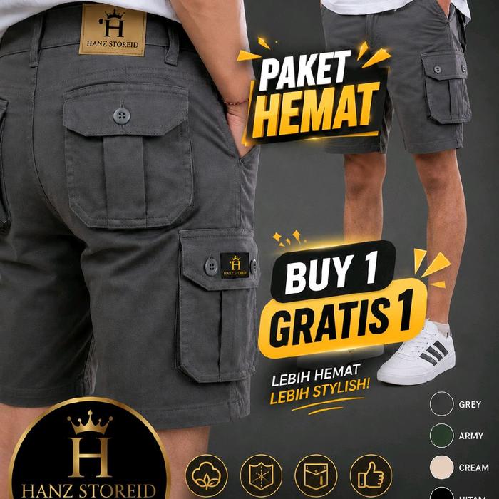 HanzStoreID Celana Cargo Pendek Pria Original American Drill Premium Buy 1 Gratis 1 Panjang 50 cm 6 