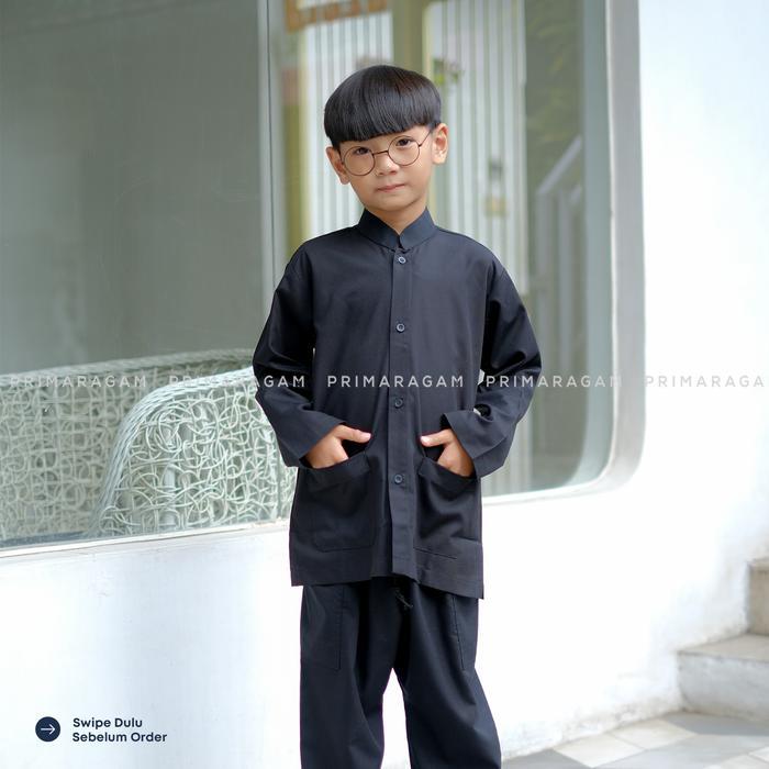 PROMO!! Primaragam Baju Kemeja Pangsi Anak Tk Sd Adat Sunda Koko Hitam Polos Lengan Tangan Panjang S