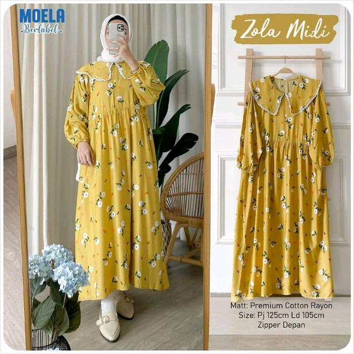 MOELA Zola Midi Gamis Elegan Bahan Premium Cotton Rayon Panjang 125cm Ld 105cm Cocok BB 23-55kg Zipp