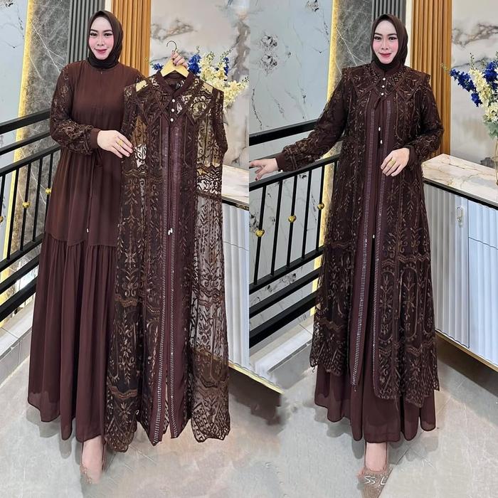 Melisa Gamis Set Inner & Outer Brukat Tile Premium Setelan Gamis 2in1 Outer Brokat Mewah Gamis Konda