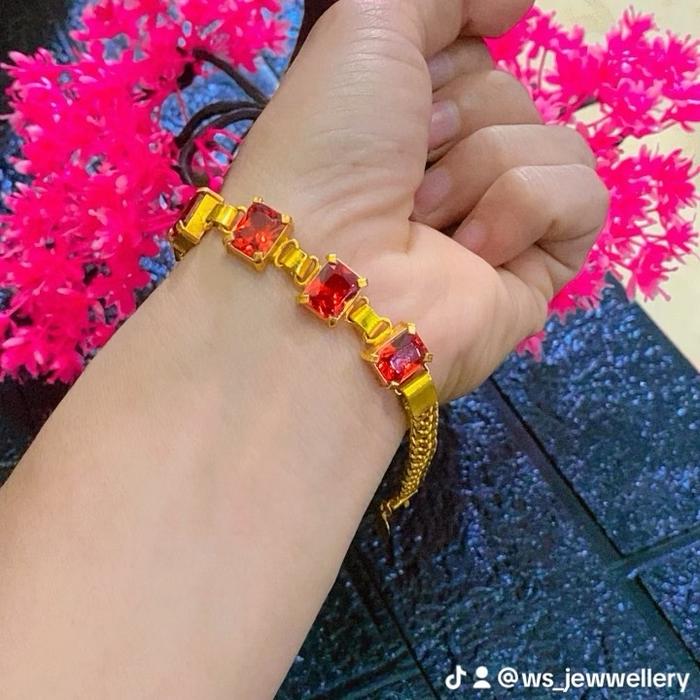 Gelang plat permata merah sepuh emas murni 24 karat balut kristal premium