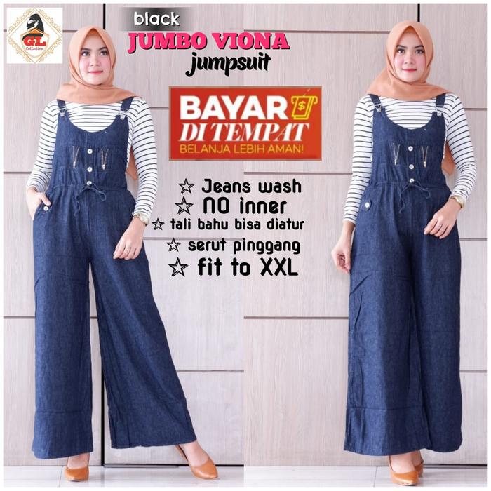 Viona Jumpsuit Overall Kulot Jeans Jumbo Wanita Zipper Baju Kodok Denim Model Terbaru Panjang Dewasa