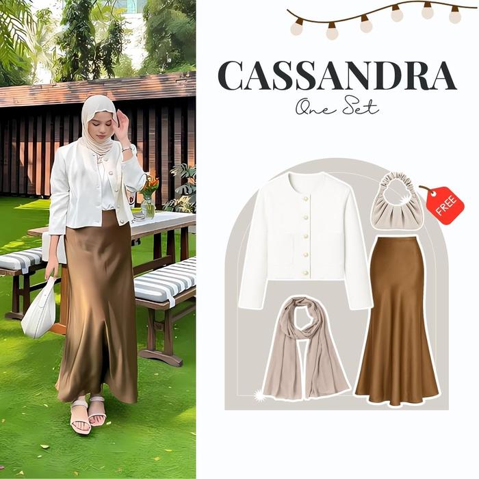 [CASSANDRA] One Set Murah Wanita Korean Style | Gemma Blazer Putih Semi Woll, Rok Duyung Satin Silk,