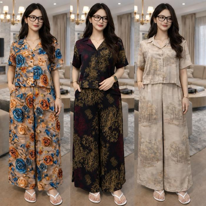 NEW One Set Crop Setelan Celana Kulot Bunga-Bunga Rayon