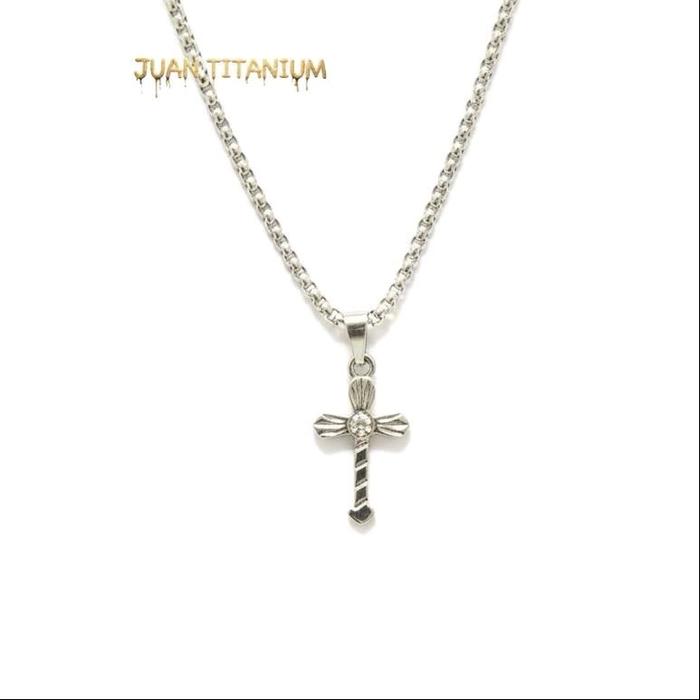 Kalung Titanium Rolo Silver dengan Gantungan Salib M2 Desain Elegan untuk Pria dan Wanita - Jewelry