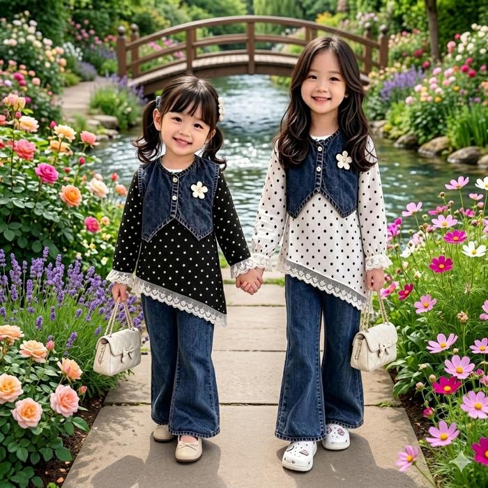 Polkadot Setcel Jeans 3in1 Mix Brukat Anak Perempuan Usia 3 - 12 Tahun - Baju Setelan Anak Model Kek