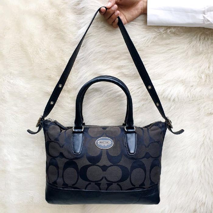 Tas Coach Shoulder Bag Handbag Kanvas Mix Kulit Asli Hitam Wanita